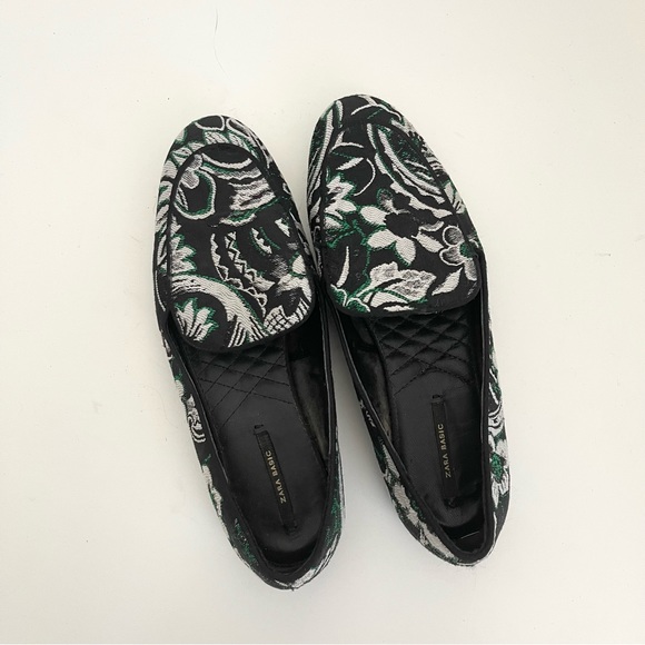 Zara Basic Floral Tapestry Black Green Embroidered Slip On Loafers Shoes Flats - Picture 2 of 8